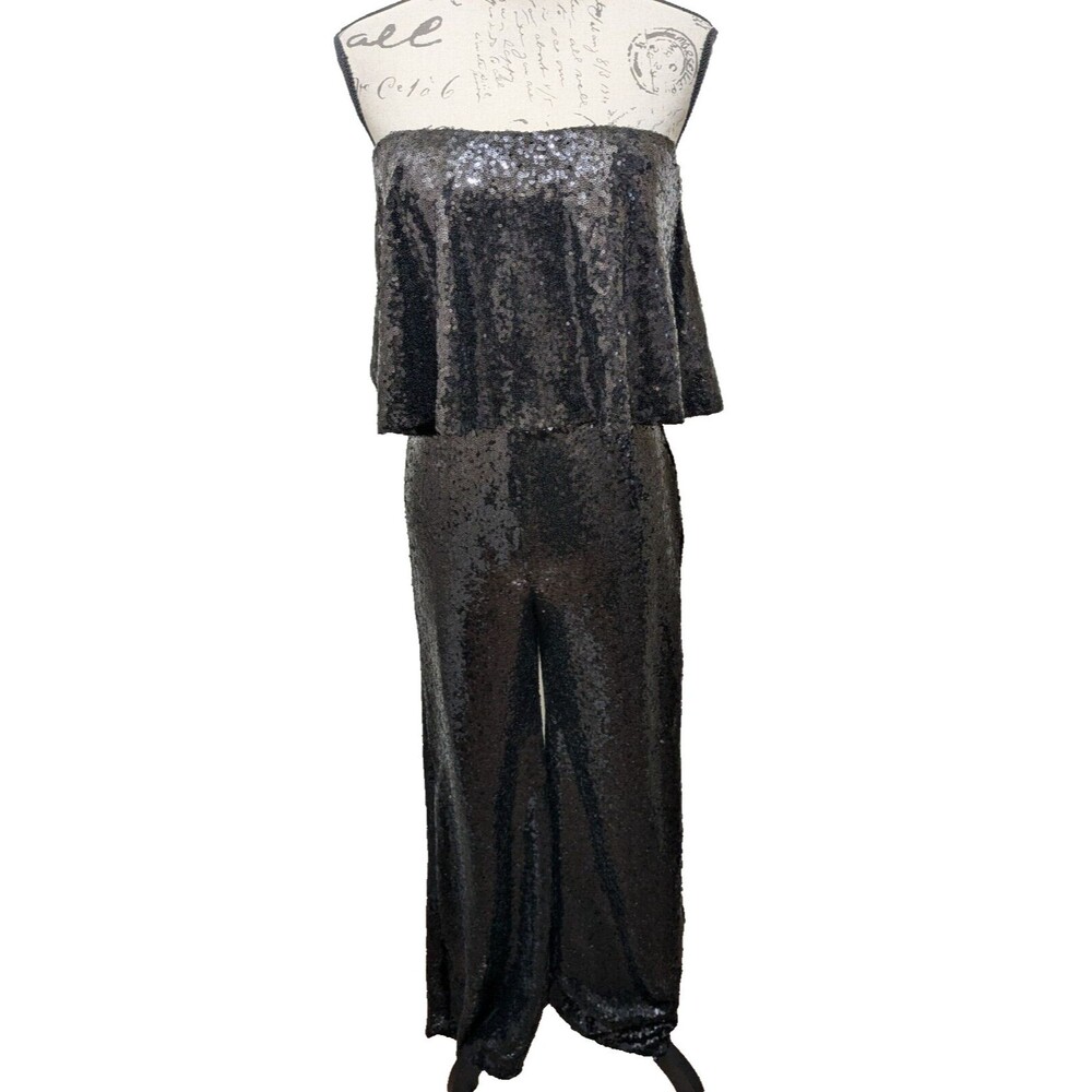 Premier Amour Jumpsuit SIZE 8 Black Fully Sequined Off Shoulder Wide Leg NWT